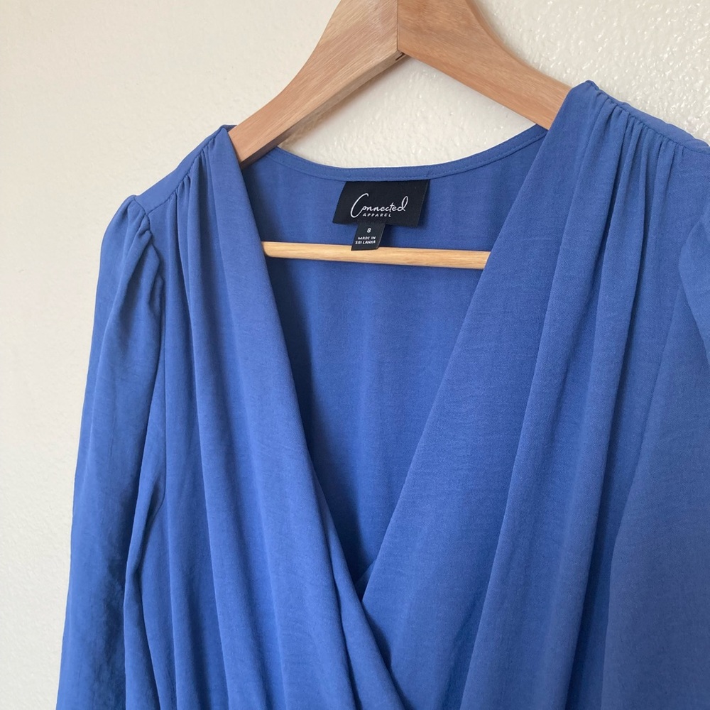 NWOT Connect Apparel Faux Wrap Blue Flowy Dress with Belt